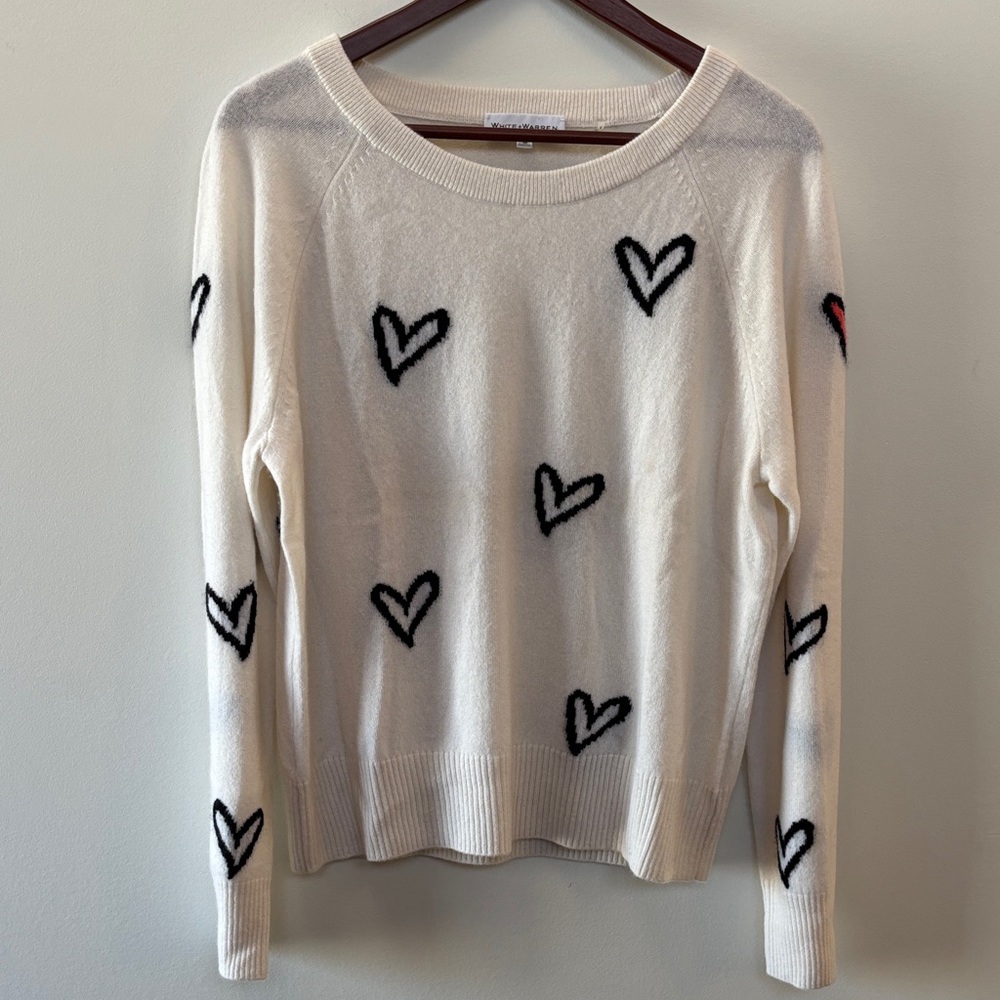 White + Warren Ivory Knit with Black Heart Motifs